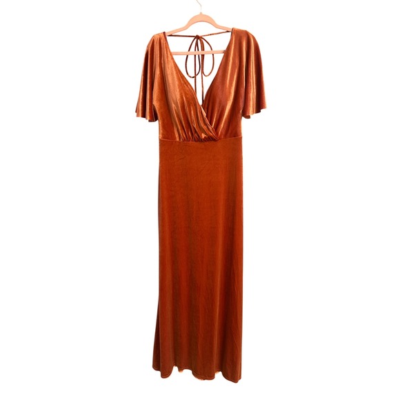 SORELLA VITA Dresses & Skirts - Velvet Wrap Maxi Dress Flutter Sleeve Tie Back Rust Orange Formal Evening